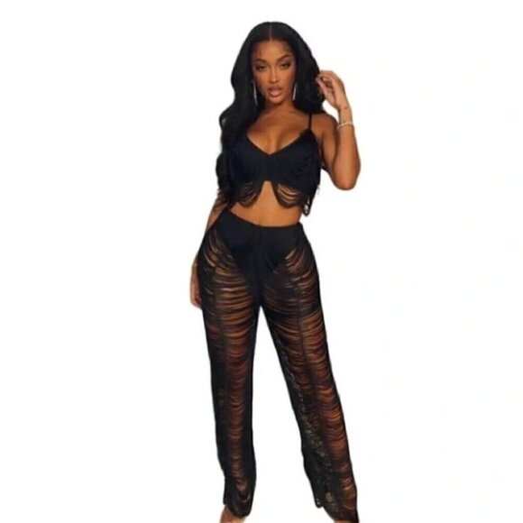 PRETTY LITTLE THING- Shape Black Fringe Pants - SIZE 4🖤🕺🏻🪩✨ - Picture 1 of 6